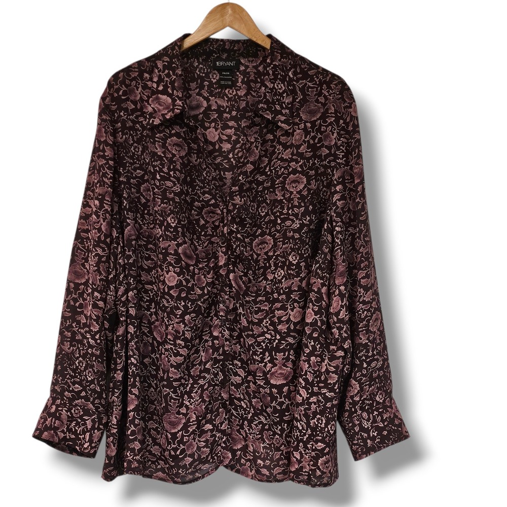 Lane Bryant Button Down Top 26/28 Womens Burgundy‎ Floral Long Sleeve Plus Size